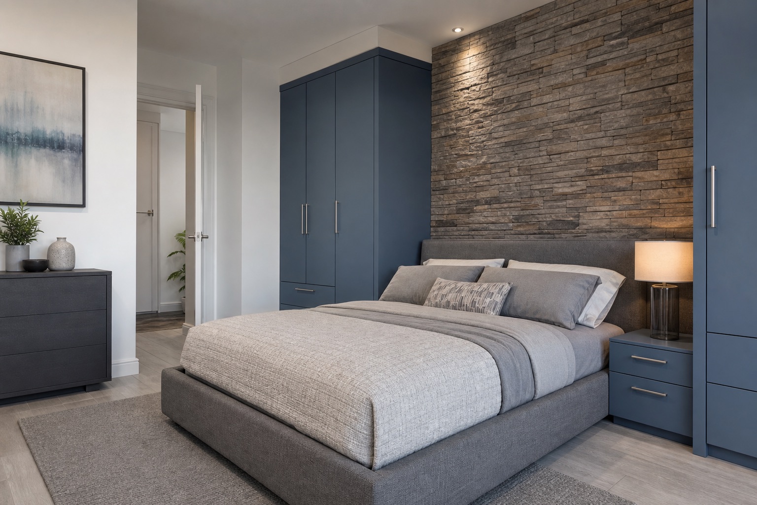 AI visualization of the house bedroom with gray upholstery, blue-gray built-ins, and warm stone detailing.