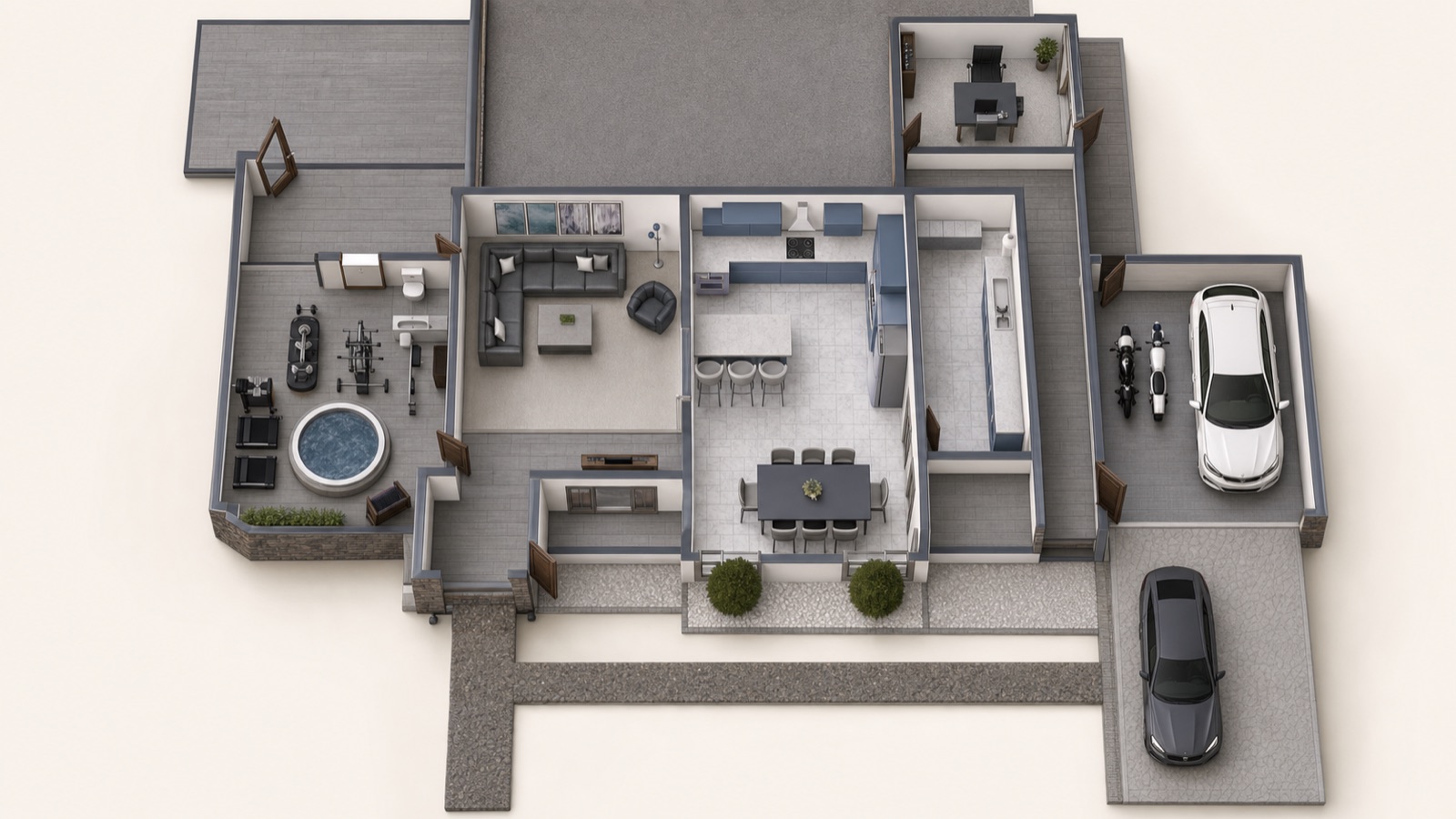 Top-down architectural visualization of the studio's original house plan.